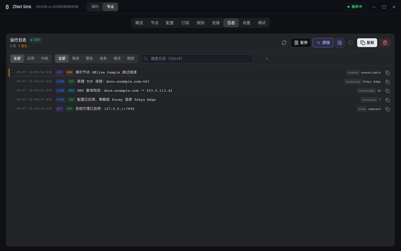 ZNet Sink 日志页面，展示应用与内核日志、级别筛选、搜索和复制操作